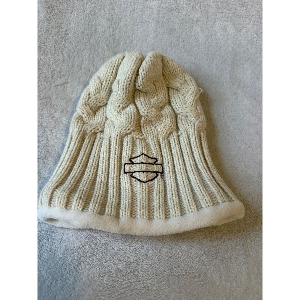 Harley-Davidson Beanie Unisex OS Cream Good Cable Knit Fleece Lined Logo Hat
